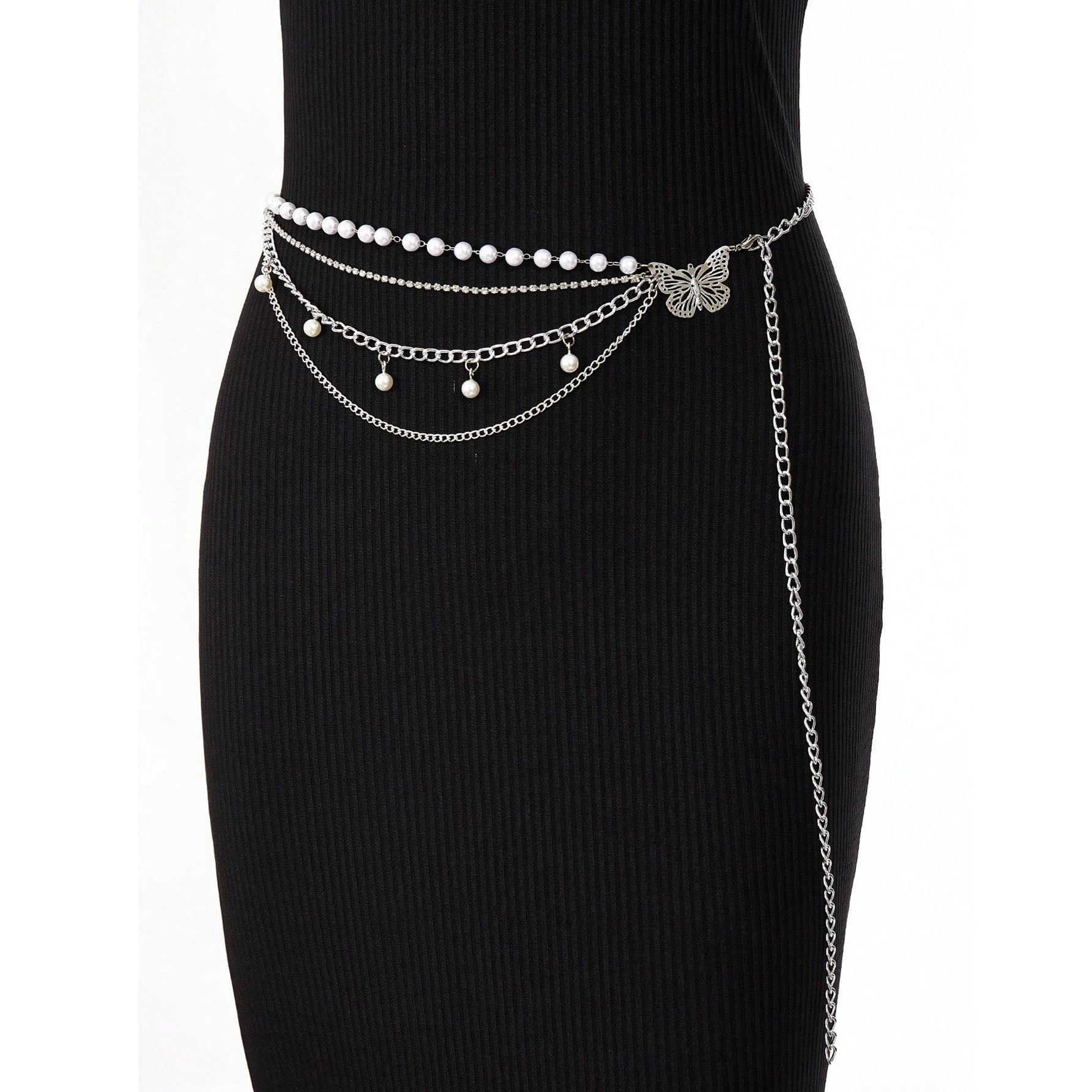 حزام خصر نسائي متعدد الطبقات بتصميم فراشة سلسلة أزياء مزينة بخرز مزيف وفراشة ، لديكور الفستان