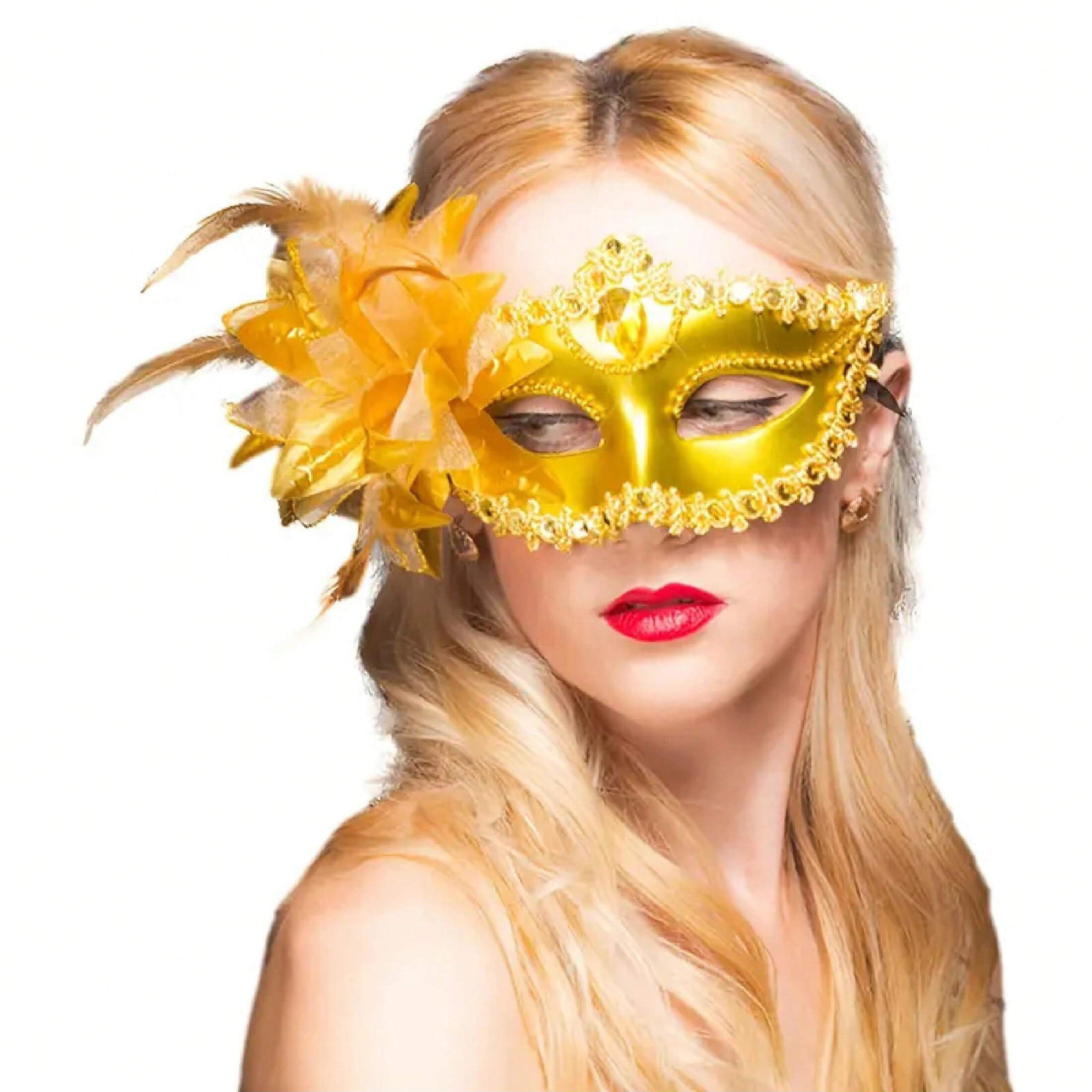 قناع تنكري للجنسين مناسب للحفالات | قناع تنكري ذهبي فخم بزهرة جانبية – نصف وجه للحفلات والمناسبات