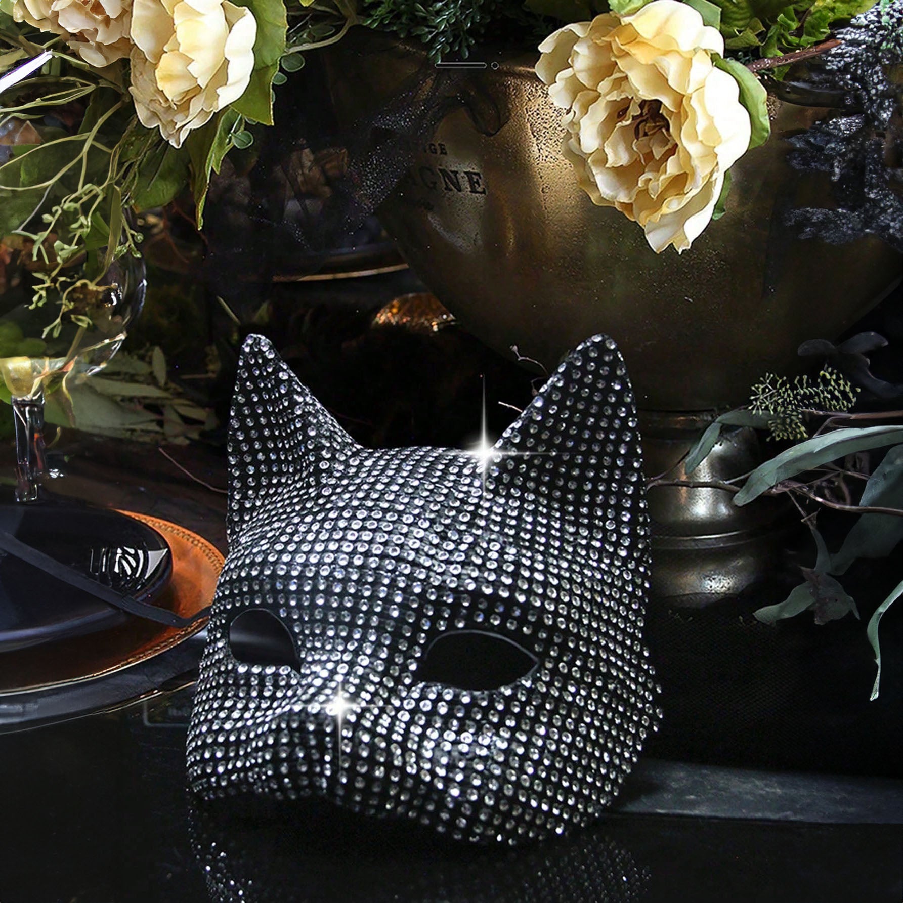 قناع تنكري للجنسين مناسب للحفالات ،قناع قطة نسائي مرصع بحجر الراين – قناع تنكري فاخر للحفلات والمناسبات بتصميم لامع أنيق