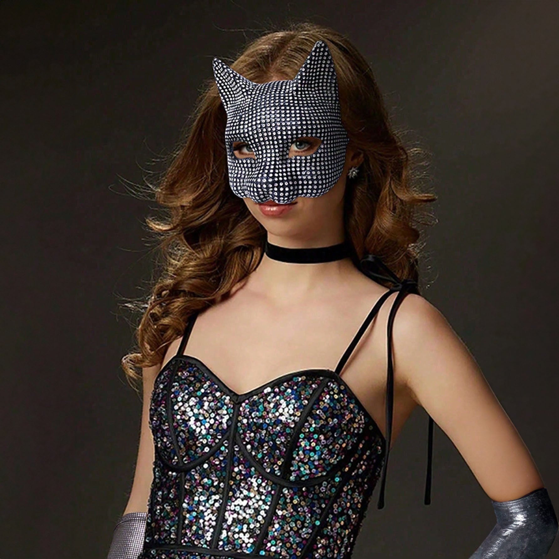 قناع تنكري للجنسين مناسب للحفالات ،قناع قطة نسائي مرصع بحجر الراين – قناع تنكري فاخر للحفلات والمناسبات بتصميم لامع أنيق
