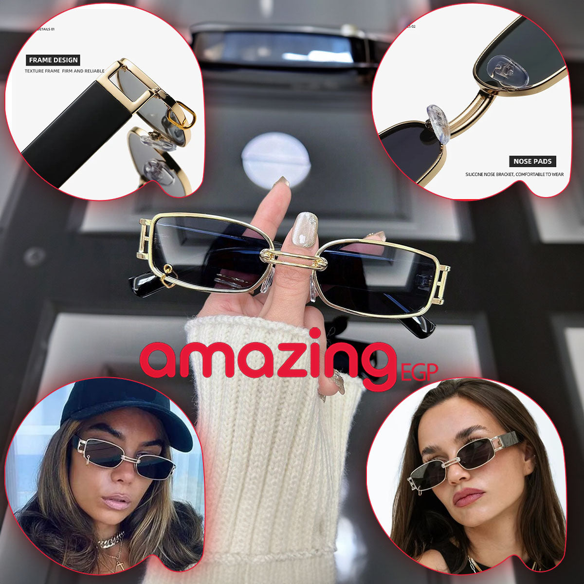 نظارة شمسية مستطيلة نظارات موضة مربعة إطار معدني خفيف نظارة بثقب وعلاقة بالعدسة - ذهبي/أسود