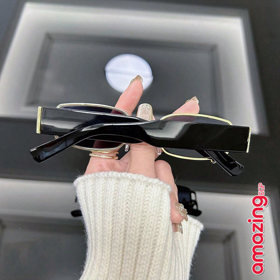 نظارة شمسية مستطيلة نظارات موضة مربعة إطار معدني خفيف نظارة بثقب وعلاقة بالعدسة - ذهبي/أسود