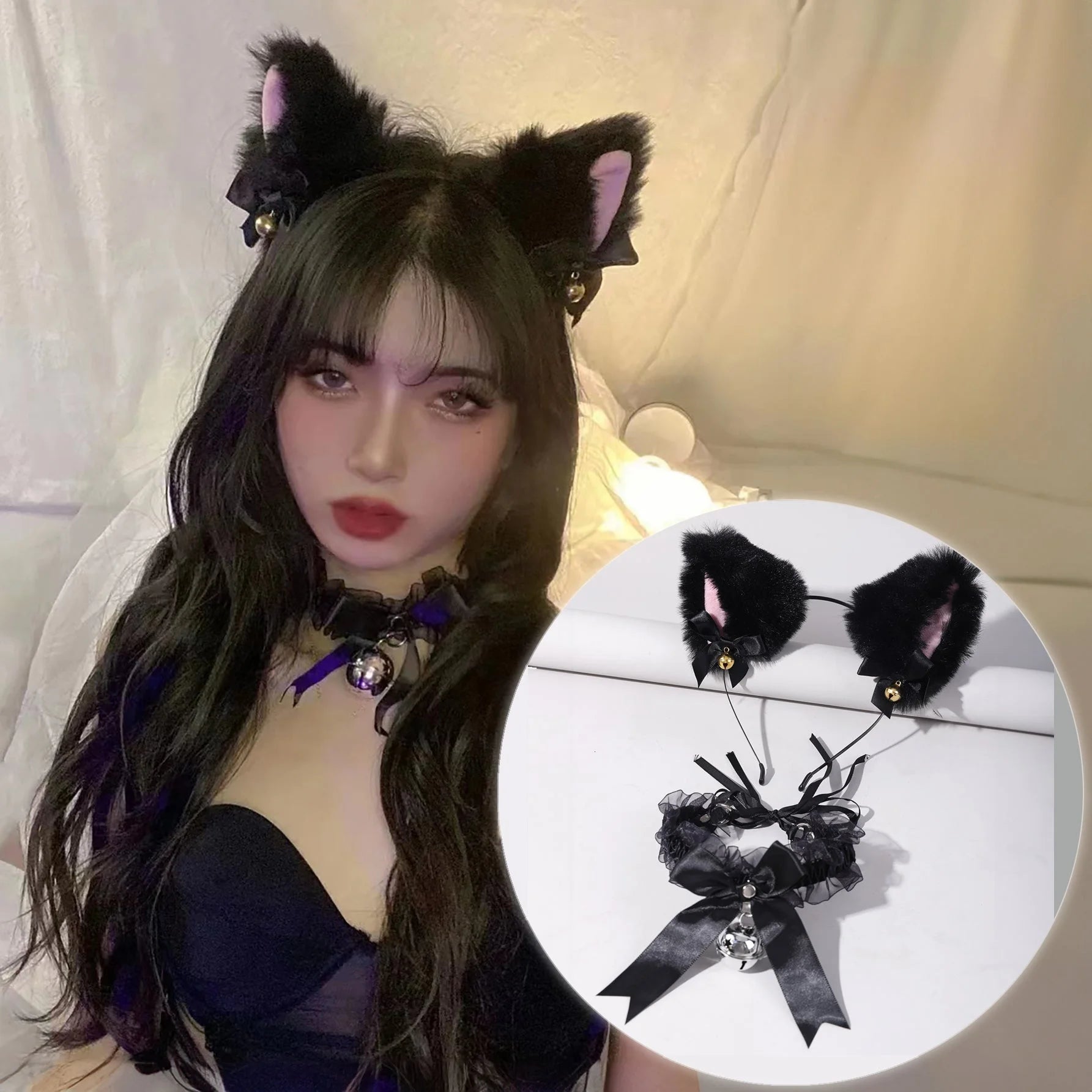 عقال طوق راس تنكرية تصميم رسوم كارتون أذن و مزخرف بقوس مع قلادة رقبه قطة ثياب عصابة شعر مع ربطة فيونكة - أسود | تنكر حفلات حفلات_عيد_الميلاد زي تنكري زي قطة سكس سكسي طوق طوق للحفالات قطة للجنس ملابس_تنكرية | amazingEGP
