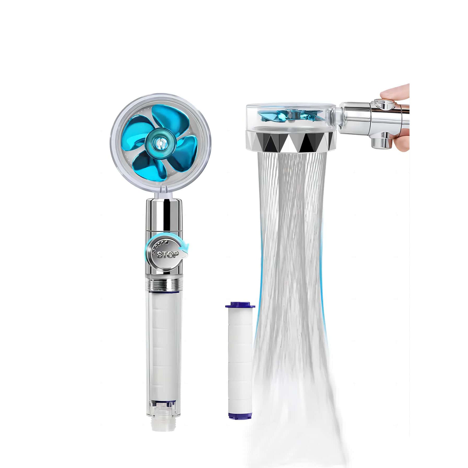 رأس دش يدوي دوار بديل ضغط عالي يعمل بقوة دفع مروحية وموفر للمياه وبفلتر داخلي - بزار ضبط