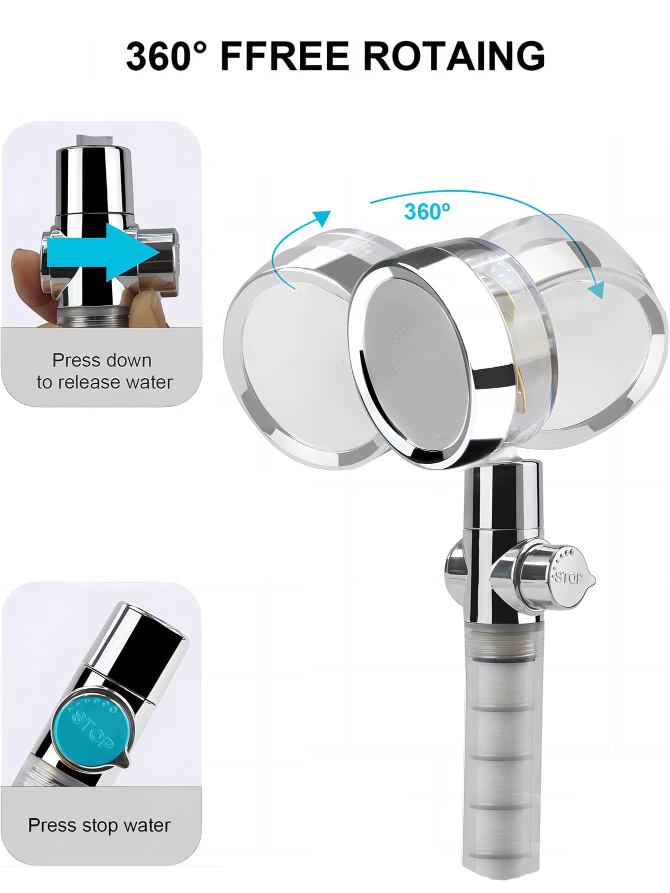 رأس دش يدوي دوار بديل ضغط عالي يعمل بقوة دفع مروحية وموفر للمياه وبفلتر داخلي - بزار ضبط