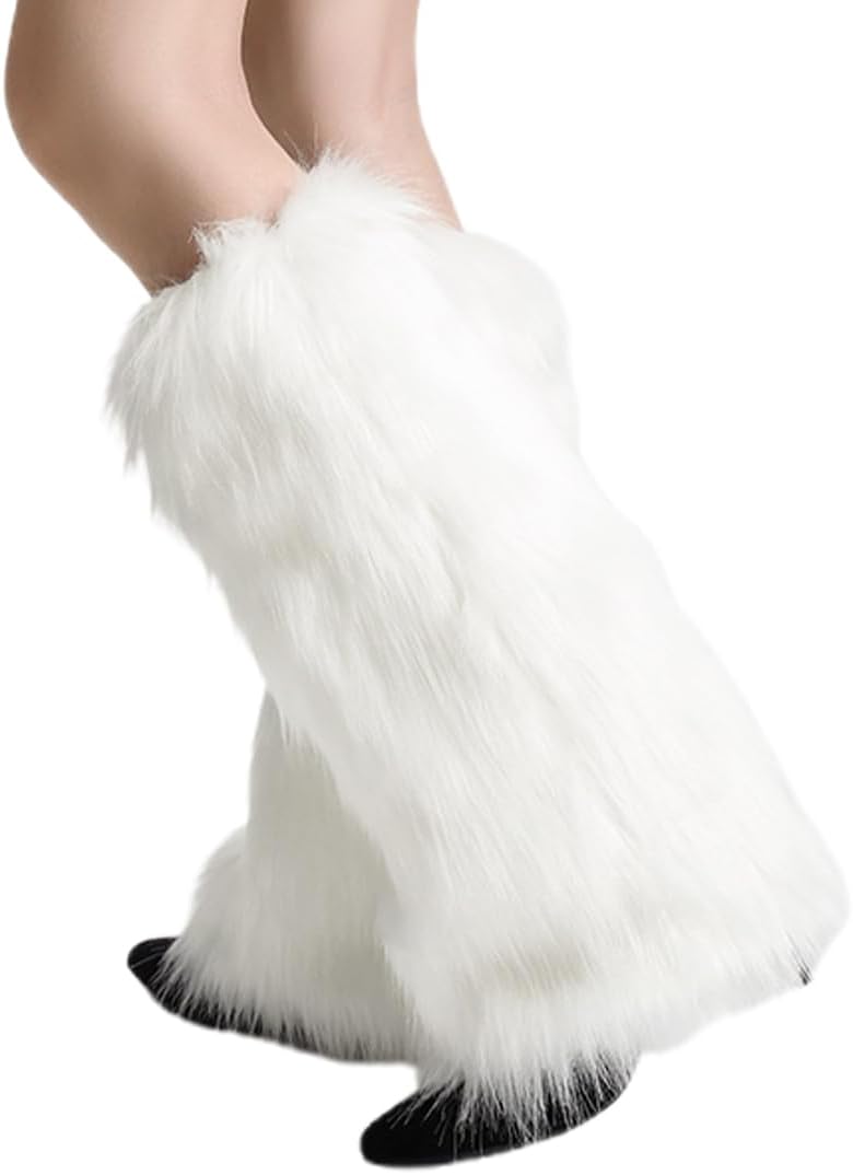 زوج أغطية ساق فرو صناعي طويلة للنساء – Leg Warmers شتوية ناعمة لتدفئة الساق، أغطية أحذية من الفرو الصناعي لإطلالات الشتاء والحفلات – أبيض