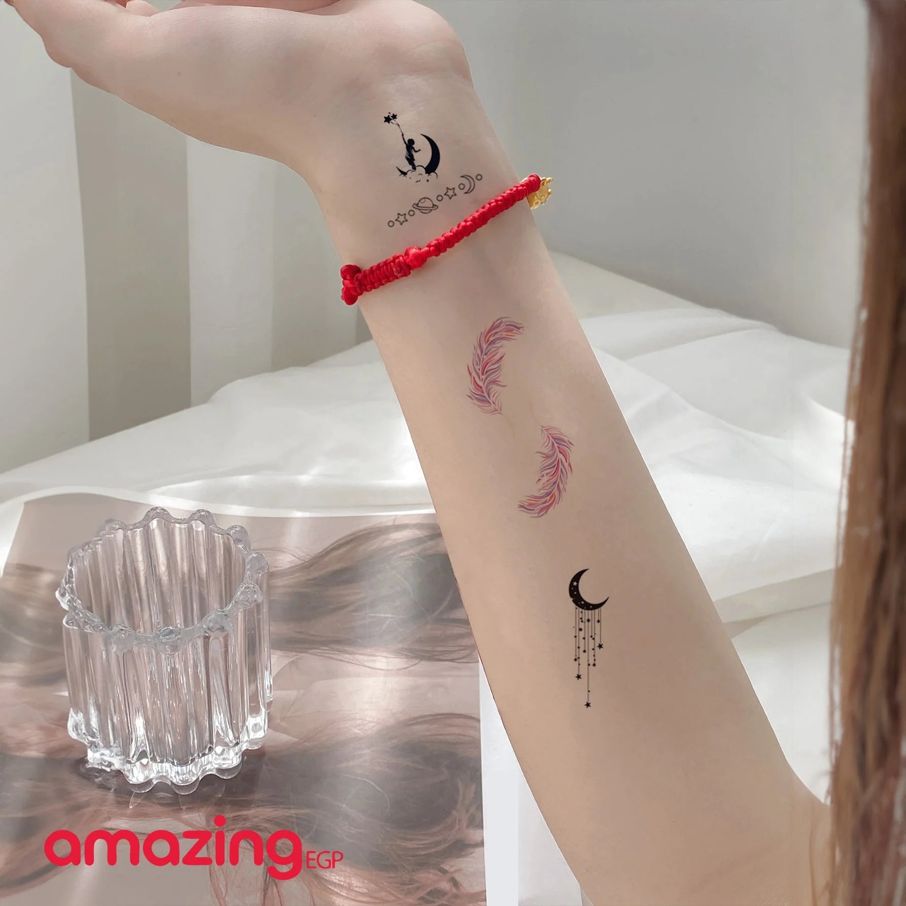 تتوهج في الظلام تاتو نيون مؤقت الاحتفالات الصاخبة تاتو مزيف بالاشعة فوق البنفسجية يضئ فى الظلام لمستلزمات الحفلات للنساء والاطفال نمط ريش وهلال | تاتوة مضيئ تاتوه تاتوه_للجسم ملصق وشم هلال وشم وشم مضيئ | amazingEGP