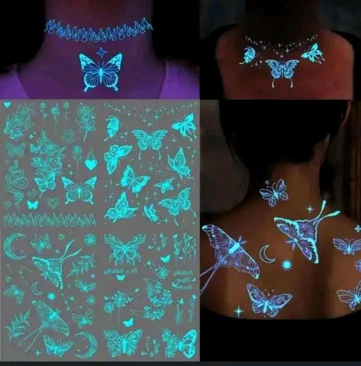 ملصقات وشم مؤقتة مضيئة (الفراشات والزهور) – مجموعة 10 كروت منوعة لكل ورقة