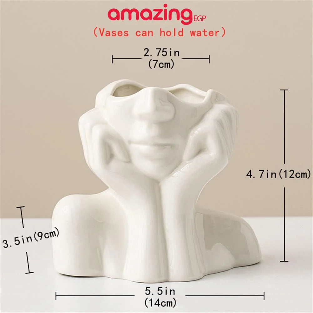 مزهرية وجه سيراميك بيضاء مزهرية نصف جسم على شكل رأس أنثى مزهرية بوهو نسوية بسيطة مزهرية زهور عصرية على الطراز الاسكندنافي للمنزل وغرفة المعيشة والمكتب وديكور رف الكتب ابيض | امراه تمثال تمثال مكتب ديكور ديكور_مكتب ديكور_منزل نصف راس | amazingEGP
