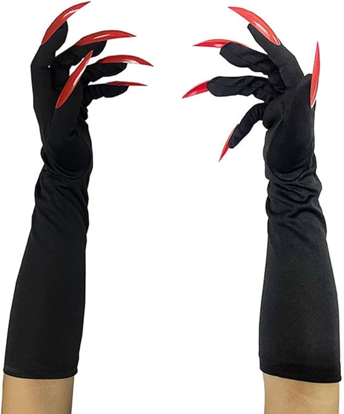 قفاز بتصميم مخلب القط الأسود، إكسسوارات زي للنساء - قفازات مخالب المرأة القطة الطويلة بالأظافر الحمراء