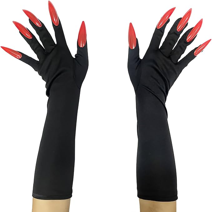 قفاز بتصميم مخلب القط الأسود، إكسسوارات زي للنساء - قفازات مخالب المرأة القطة الطويلة بالأظافر الحمراء