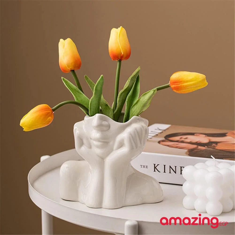 مزهرية وجه سيراميك بيضاء مزهرية نصف جسم على شكل رأس أنثى مزهرية بوهو نسوية بسيطة مزهرية زهور عصرية على الطراز الاسكندنافي للمنزل وغرفة المعيشة والمكتب وديكور رف الكتب ابيض | امراه تمثال تمثال مكتب ديكور ديكور_مكتب ديكور_منزل نصف راس | amazingEGP