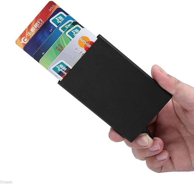 حامل بطاقات الومنيوم كراتة مع تقنية RFID - حامل بطاقات الائتمان بتصميم بسيط ورفيع للرجال والنساء حافظة معدنية صغيرة تحجب تقنية تحديد الهوية بموجات الراديو بتقنية RFID | اسود| | الرجال جلد طبيعي حافظ كروت كراتة كرادة محافظ محافظ نسائي محفظة محفظة رجالي م