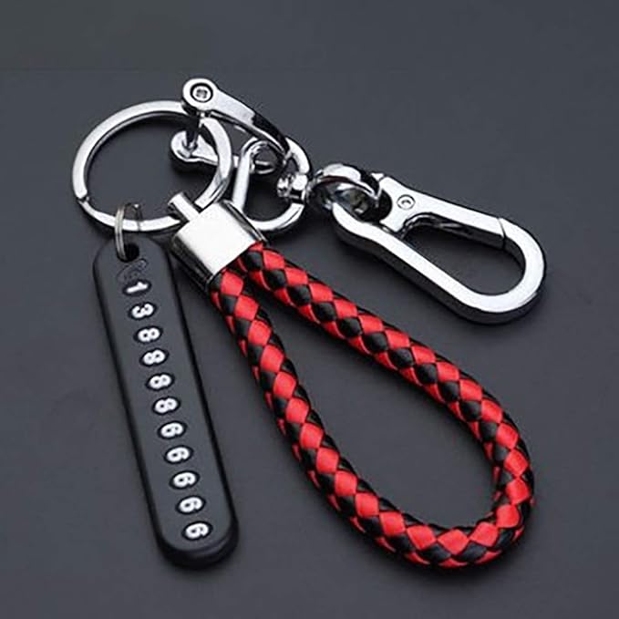 مادلية مفاتيح جلد بتعليقة لاضافة رقم تلفون احمِ مفاتيحك أو متعلقاتك بأسلوب أنيق ومبتكر جلد اسود فى احمر