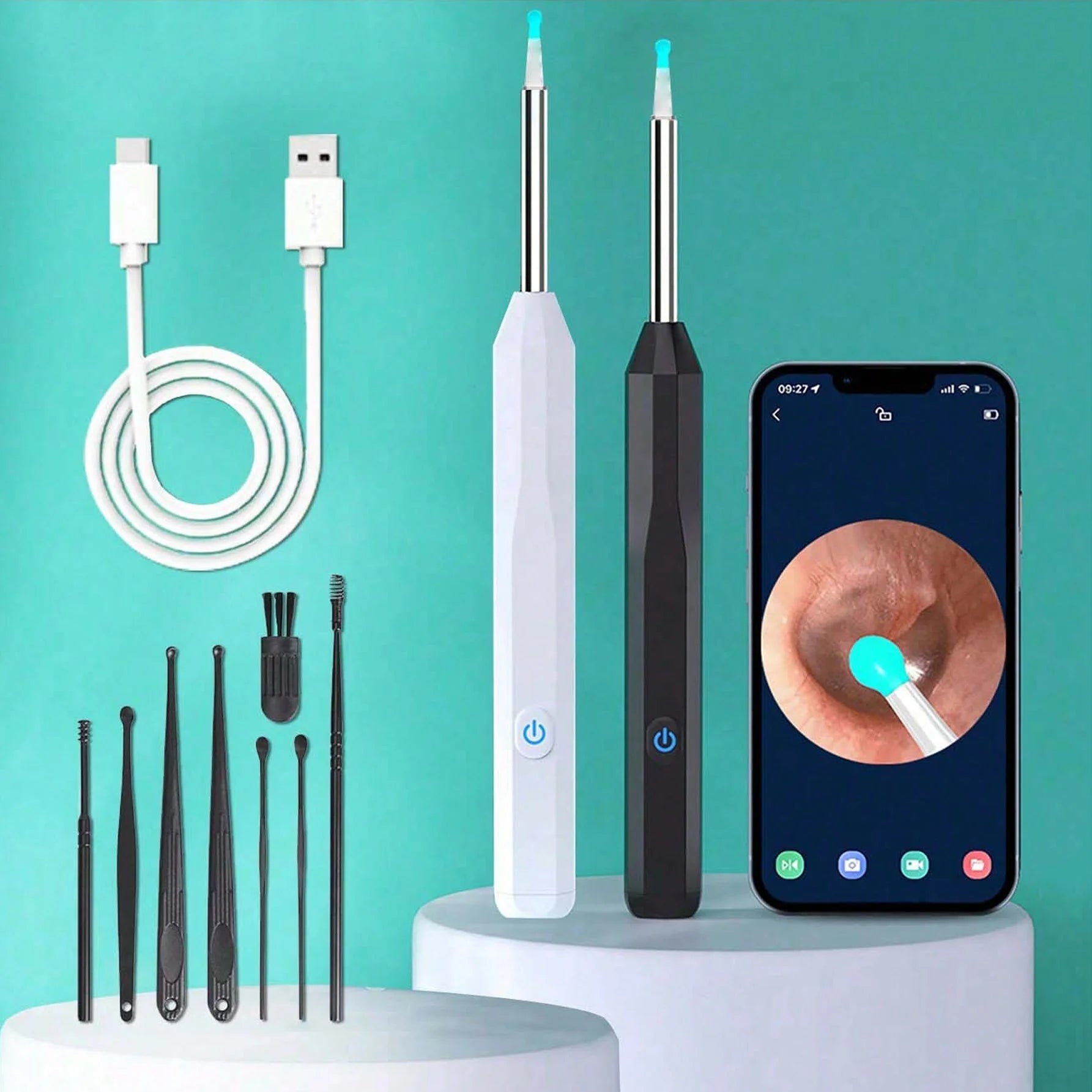 اداة ازالة شمع الاذن - منظف اذن مع كاميرا ودعامة مجموعة ازالة شمع الاذن البصرية الذكية مع ملعقة اذن خفيفة مجموعة من 8 قطع لتنظيف الاذن اليومية منظف شمع الاذن لنظامي iOS واندرويد | الاذن العناية_الشخصية العناية_بالاذن النظافة تنظيف شمع الاذن جهاز للاذن شمع