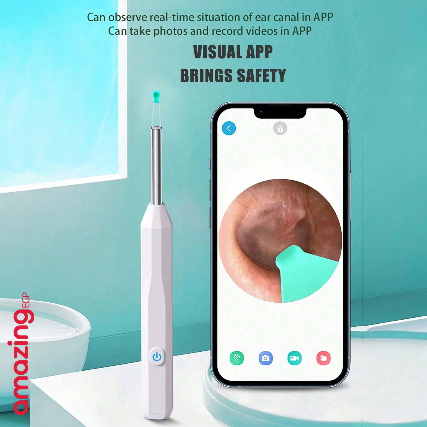 اداة ازالة شمع الاذن - منظف اذن مع كاميرا ودعامة، مجموعة ازالة شمع الاذن البصرية الذكية مع ملعقة اذن خفيفة، مجموعة من 8 قطع لتنظيف الاذن اليومية، منظف شمع الاذن لنظامي iOS واندرويد - أبيض