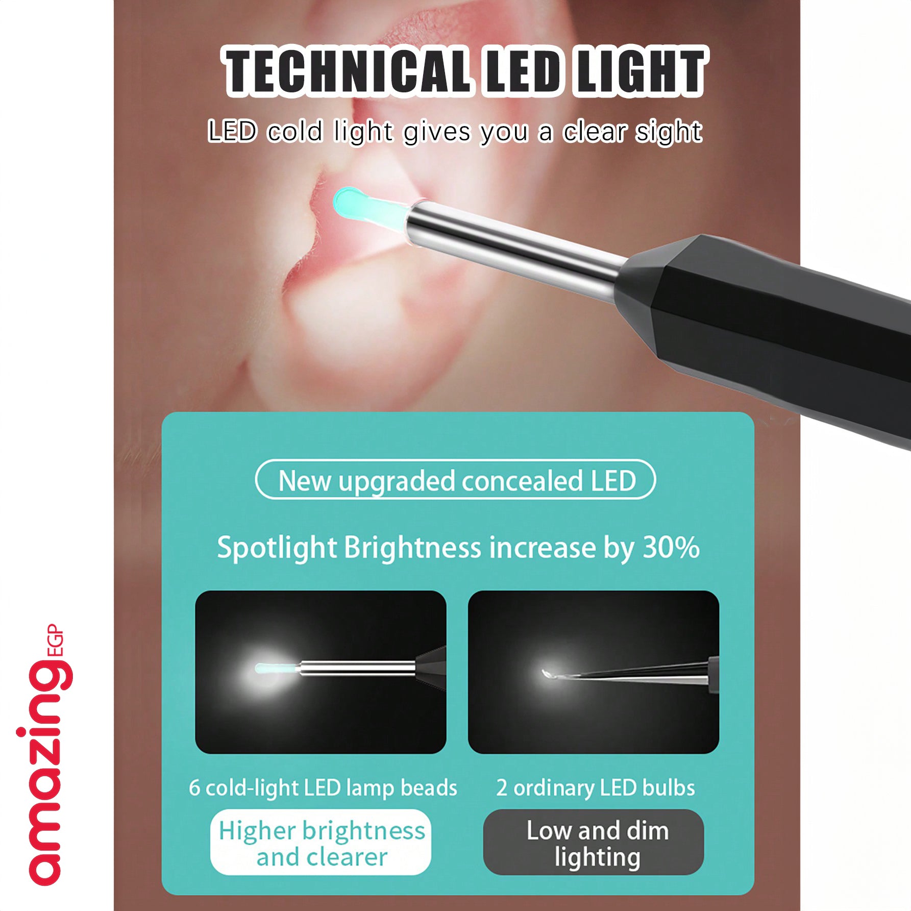 اداة ازالة شمع الاذن - منظف اذن مع كاميرا ودعامة، مجموعة ازالة شمع الاذن البصرية الذكية مع ملعقة اذن خفيفة، مجموعة من 8 قطع لتنظيف الاذن اليومية، منظف شمع الاذن لنظامي iOS واندرويد - أبيض