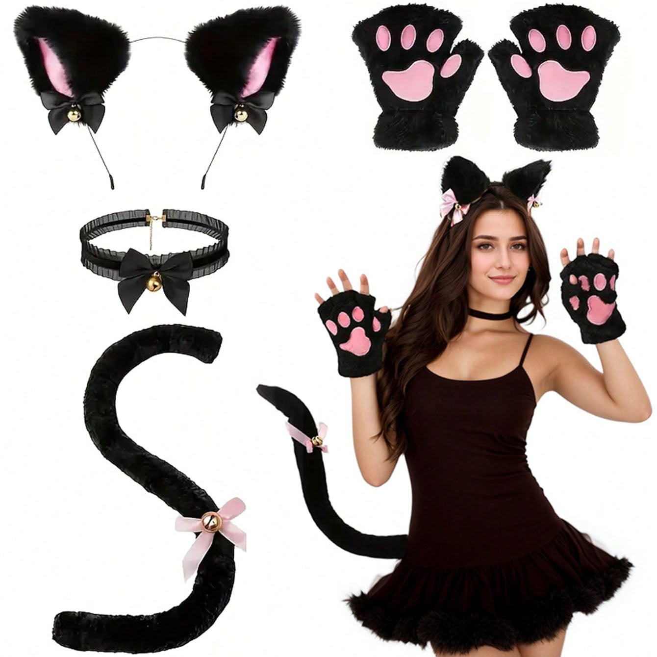 مجموعة اكسسوارات تنكرية لحفلة هالوين، تشمل شريط رأس أذنين قطة من القماش، قفازات، عقد مع جرس، ديكورات تنكرية لحفلات المناسبة، ملائمة للأعراس