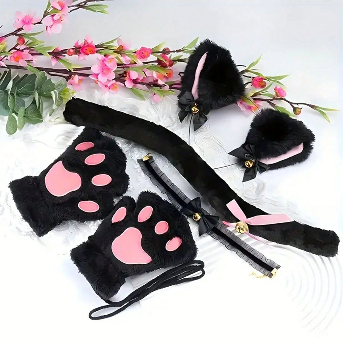 مجموعة اكسسوارات تنكرية لحفلة هالوين، تشمل شريط رأس أذنين قطة من القماش، قفازات، عقد مع جرس، ديكورات تنكرية لحفلات المناسبة، ملائمة للأعراس