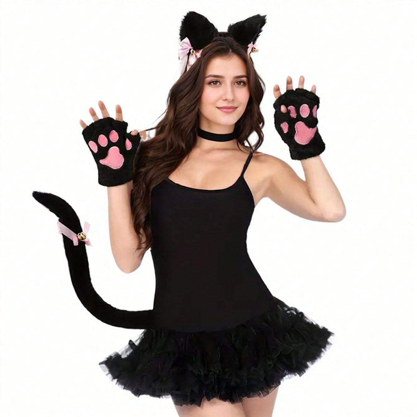 مجموعة اكسسوارات تنكرية لحفلة هالوين، تشمل شريط رأس أذنين قطة من القماش، قفازات، عقد مع جرس، ديكورات تنكرية لحفلات المناسبة، ملائمة للأعراس