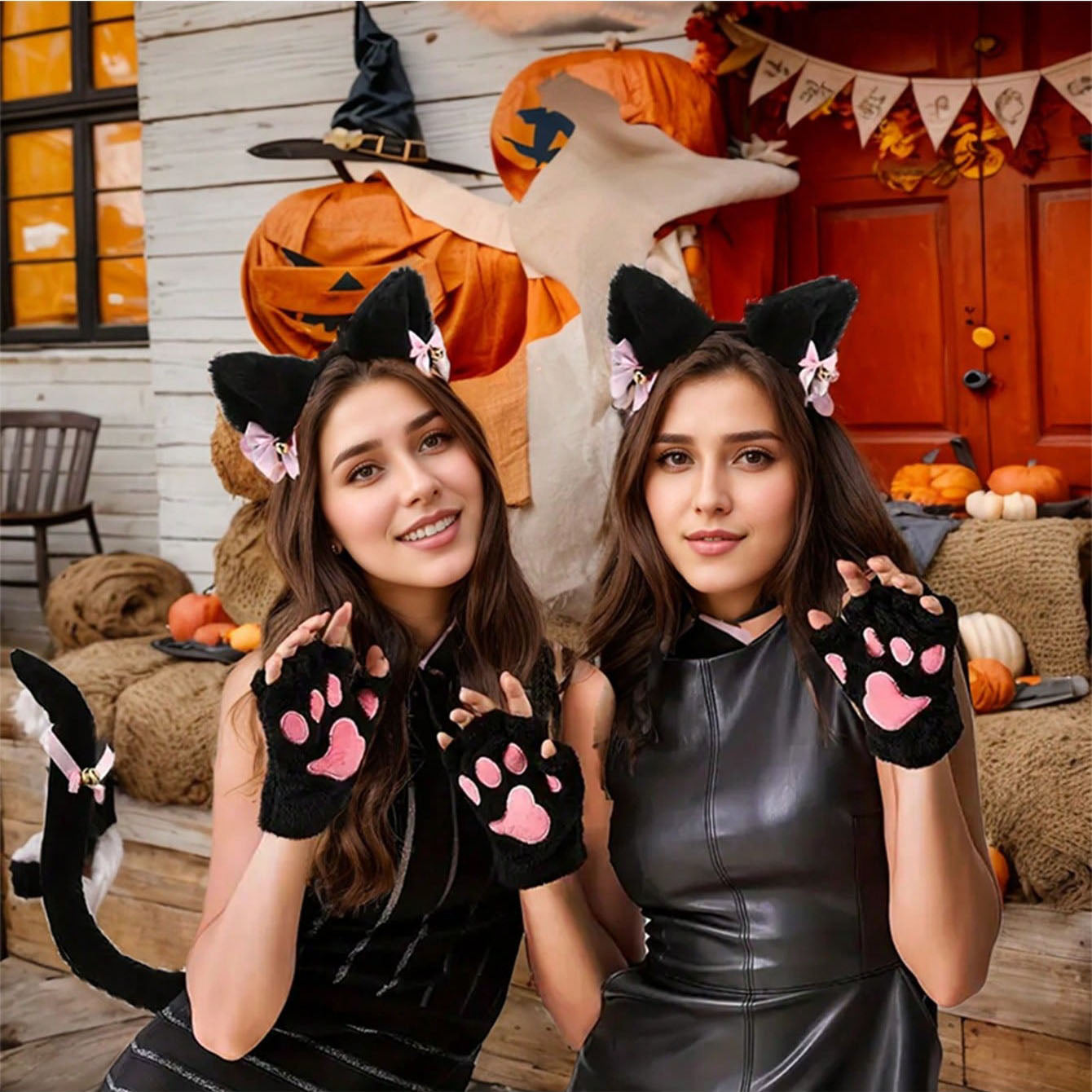 مجموعة اكسسوارات تنكرية لحفلة هالوين، تشمل شريط رأس أذنين قطة من القماش، قفازات، عقد مع جرس، ديكورات تنكرية لحفلات المناسبة، ملائمة للأعراس