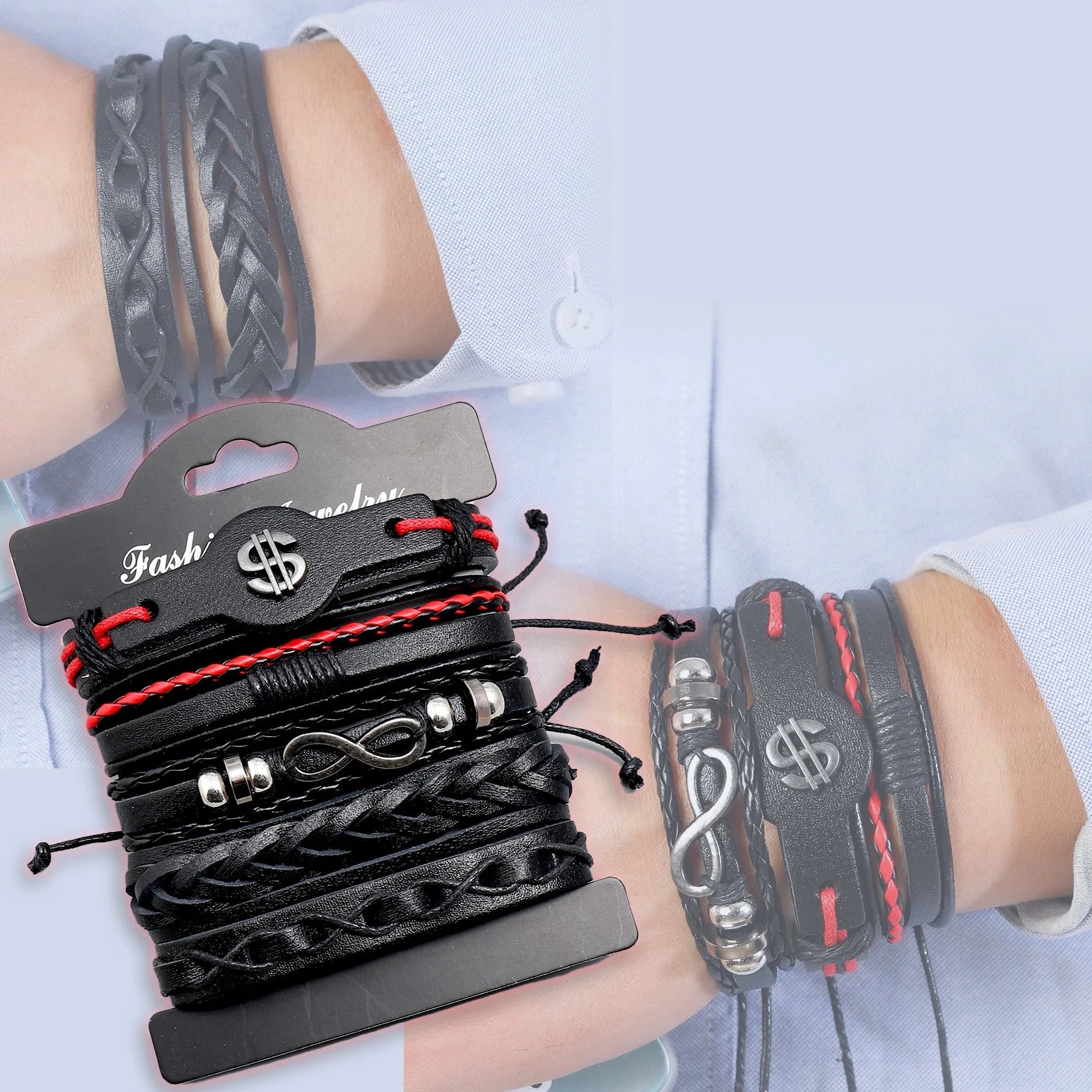 مجموعة من سوار مضفور للرجال اساور إسورة يد للرجال جلد صناعي سوار الى مجوهرات هدية أنيق نظرة - 5 قطع | اسورة اكسسوارات الرجال | amazingEGP