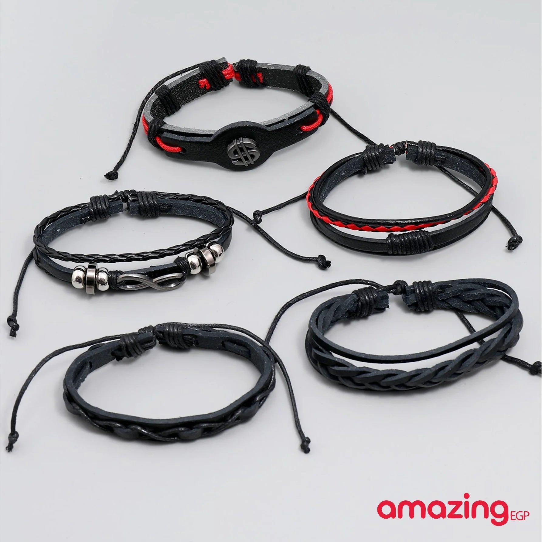 مجموعة من سوار مضفور للرجال اساور إسورة يد للرجال جلد صناعي سوار الى مجوهرات هدية أنيق نظرة - 5 قطع | اسورة اكسسوارات الرجال | amazingEGP