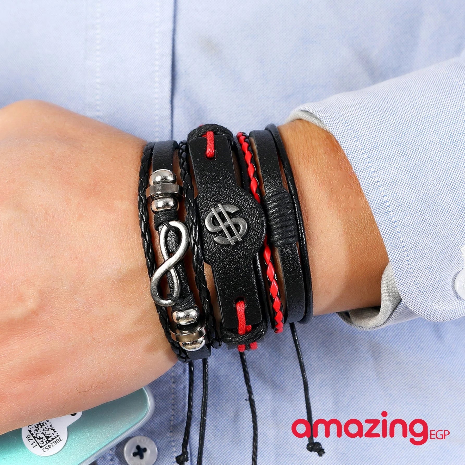 مجموعة من سوار مضفور للرجال اساور إسورة يد للرجال جلد صناعي سوار الى مجوهرات هدية أنيق نظرة - 5 قطع | اسورة اكسسوارات الرجال | amazingEGP
