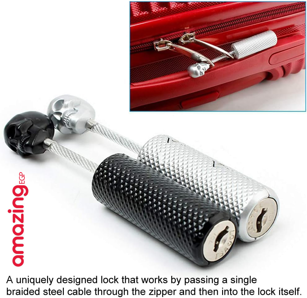 قفل قوي صغير على شكل جمجمة من خليط معدني من الزنك مع مفاتيح من تي اس ايه لشنطة الظهر وشنطة الصالة الرياضية وخزانة المدرسة وشنطة السفر - فضي