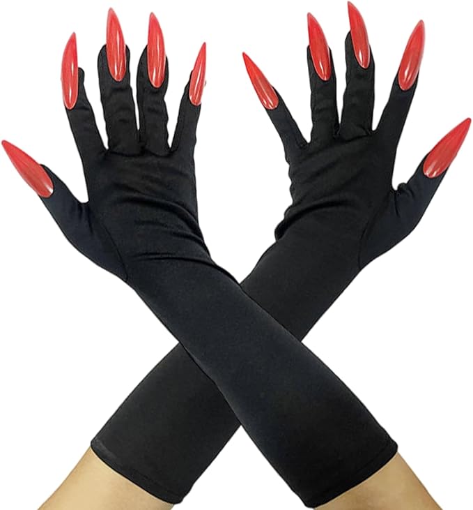 قفاز بتصميم مخلب القط الأسود، إكسسوارات زي للنساء - قفازات مخالب المرأة القطة الطويلة بالأظافر الحمراء