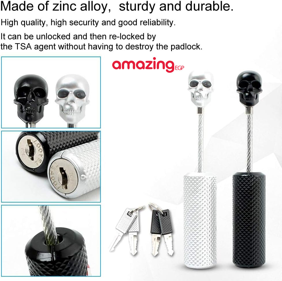 قفل قوي صغير على شكل جمجمة من خليط معدني من الزنك مع مفاتيح من تي اس ايه لشنطة الظهر وشنطة الصالة الرياضية وخزانة المدرسة وشنطة السفر - فضي
