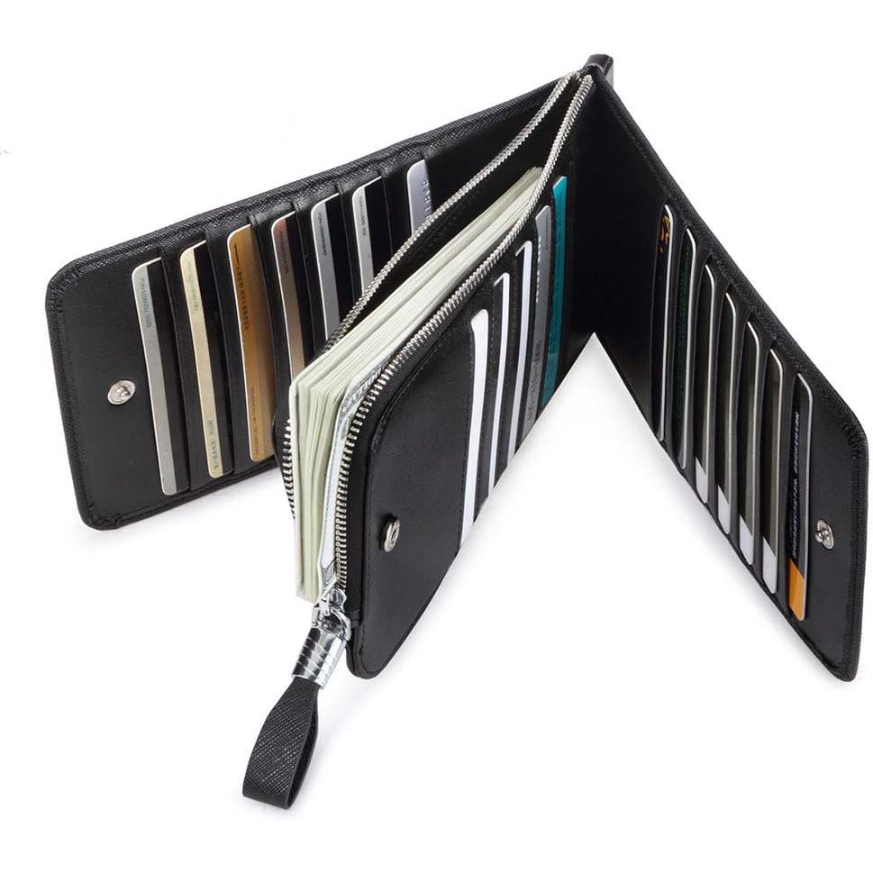 محفظة بسوستة مصنوعة من الجلد الطبيعي لحمل كروت الائتمان مع تقنية RFID  - محفظة رجالية ونسائية عالية الجودة من الجلد، محفظة ذكية نحيفة ورفيعة، تصميم بسيط بسعة 26 بطاقة | اسود  |