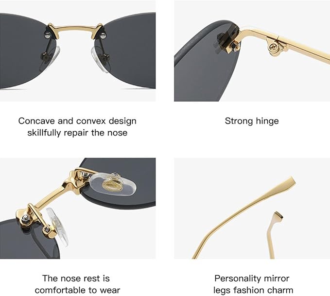 نظارة شمسية نسائية F بدون إطار نظارات الموضة البيضاوية الصغيرة بدون إطار إكسسوارات حروف معدنية – بعدسات داكنة وإطار ذهبي خفيف