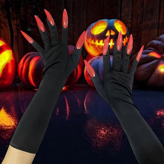 قفاز بتصميم مخلب القط الأسود، إكسسوارات زي للنساء - قفازات مخالب المرأة القطة الطويلة بالأظافر الحمراء