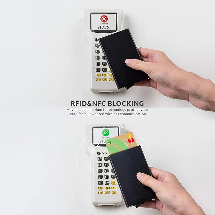 حامل بطاقات الومنيوم كراتة مع تقنية RFID - حامل بطاقات الائتمان بتصميم بسيط ورفيع للرجال والنساء حافظة معدنية صغيرة تحجب تقنية تحديد الهوية بموجات الراديو بتقنية RFID | اسود| | الرجال جلد طبيعي حافظ كروت كراتة كرادة محافظ محافظ نسائي محفظة محفظة رجالي م
