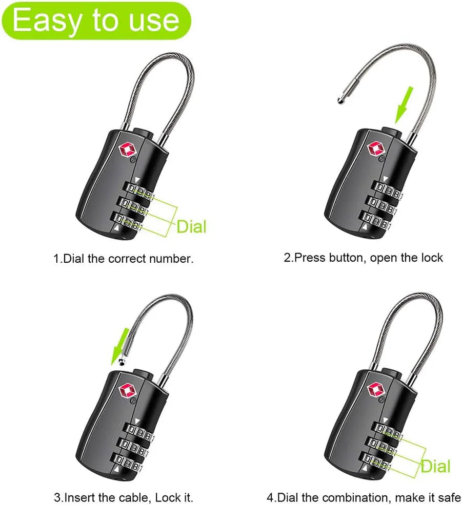قفل الأمتعة من سبائك الزنك مع كلمة مرور مكونة من 3 أرقام لحقيبة الظهر وحقيبة الجيم وخزانة المدرسة وحقيبة السفر مع سلك مرن بدون مفتاح | الأقفال السفر ديكور_منزل شنط سفر شنط صغيرة شنط ظهر شنطة قفل للسفر | amazingEGP