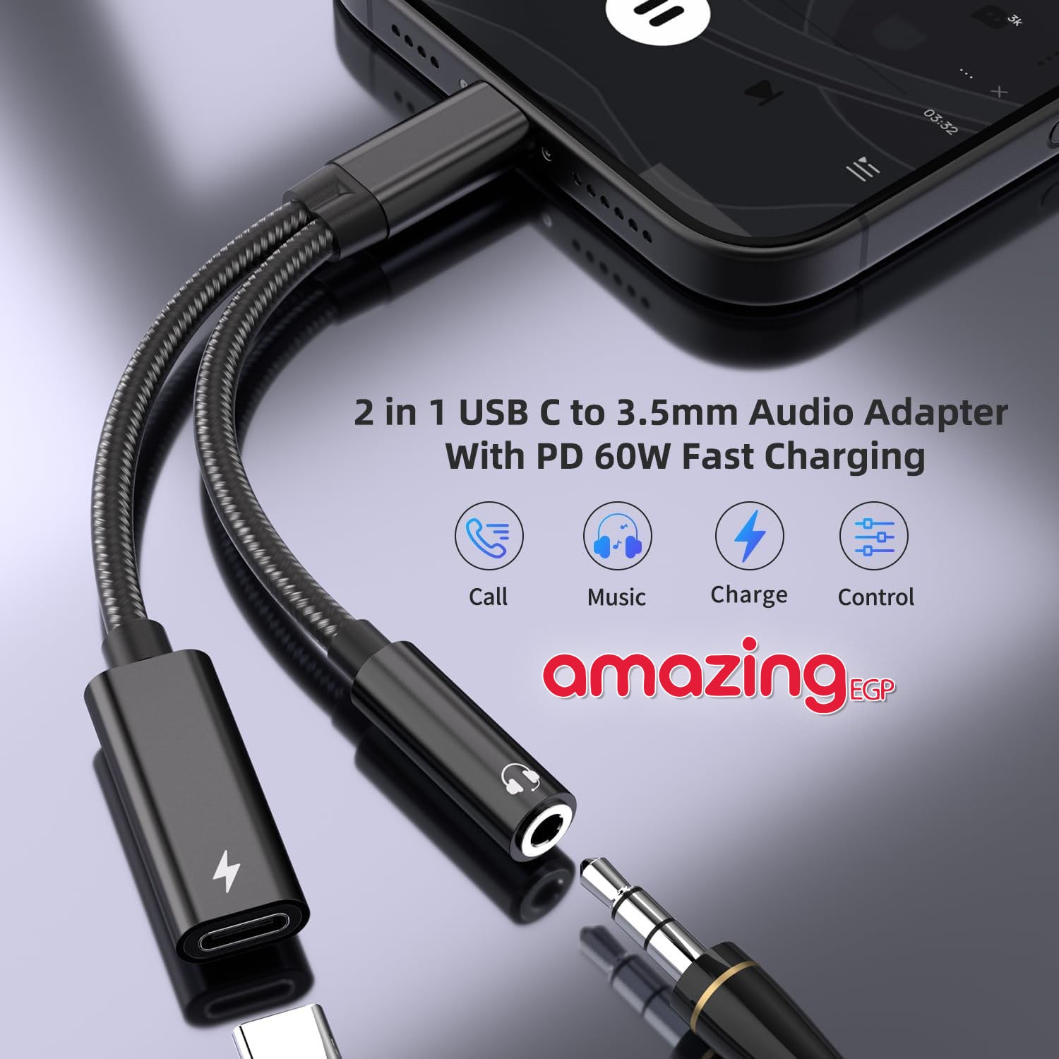 محول USB-C إلى 3.5 مم مع شحن سريع PD 60W – استماع للموسيقى مع الشحن في نفس الوقت (2 في 1) | أسود