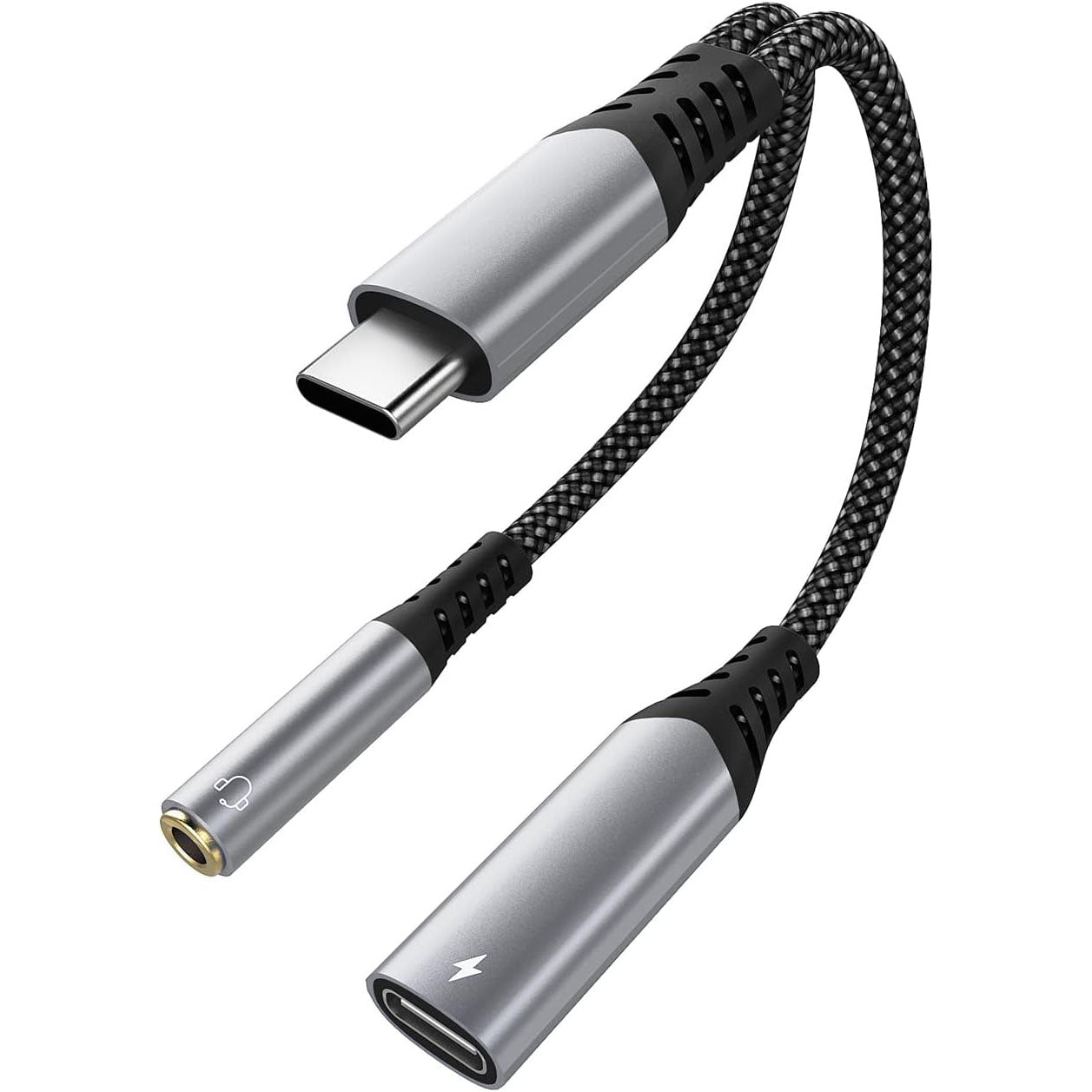 محول USB-C إلى 3.5 مم مع شحن سريع PD 60W – استماع للموسيقى مع الشحن في نفس الوقت (2 في 1) | رمادي