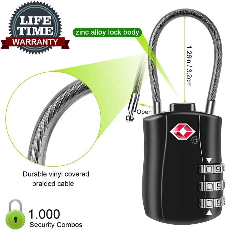 قفل الأمتعة من سبائك الزنك مع كلمة مرور مكونة من 3 أرقام لحقيبة الظهر وحقيبة الجيم وخزانة المدرسة وحقيبة السفر مع سلك مرن بدون مفتاح | الأقفال السفر ديكور_منزل شنط سفر شنط صغيرة شنط ظهر شنطة قفل للسفر | amazingEGP