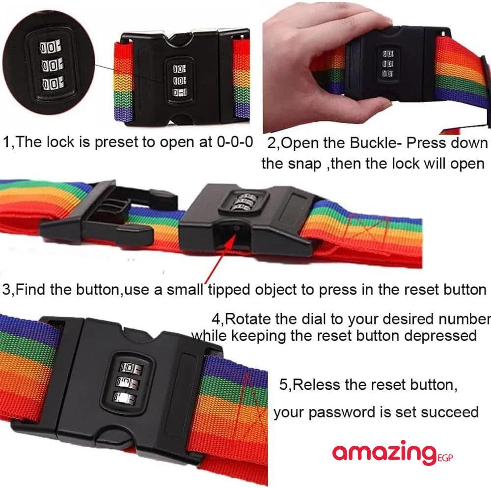 أشرطة الأمتعة TSA مع قفل مزيج قابل للتعديل حزام متقاطع غير قابل للانزلاق حزام شنطةالسفر - متعدد الالوان | اقفال الأقفال حزام حزام للشنطة سفر شنط سفر قفل قفل_ديجيتال | amazingEGP