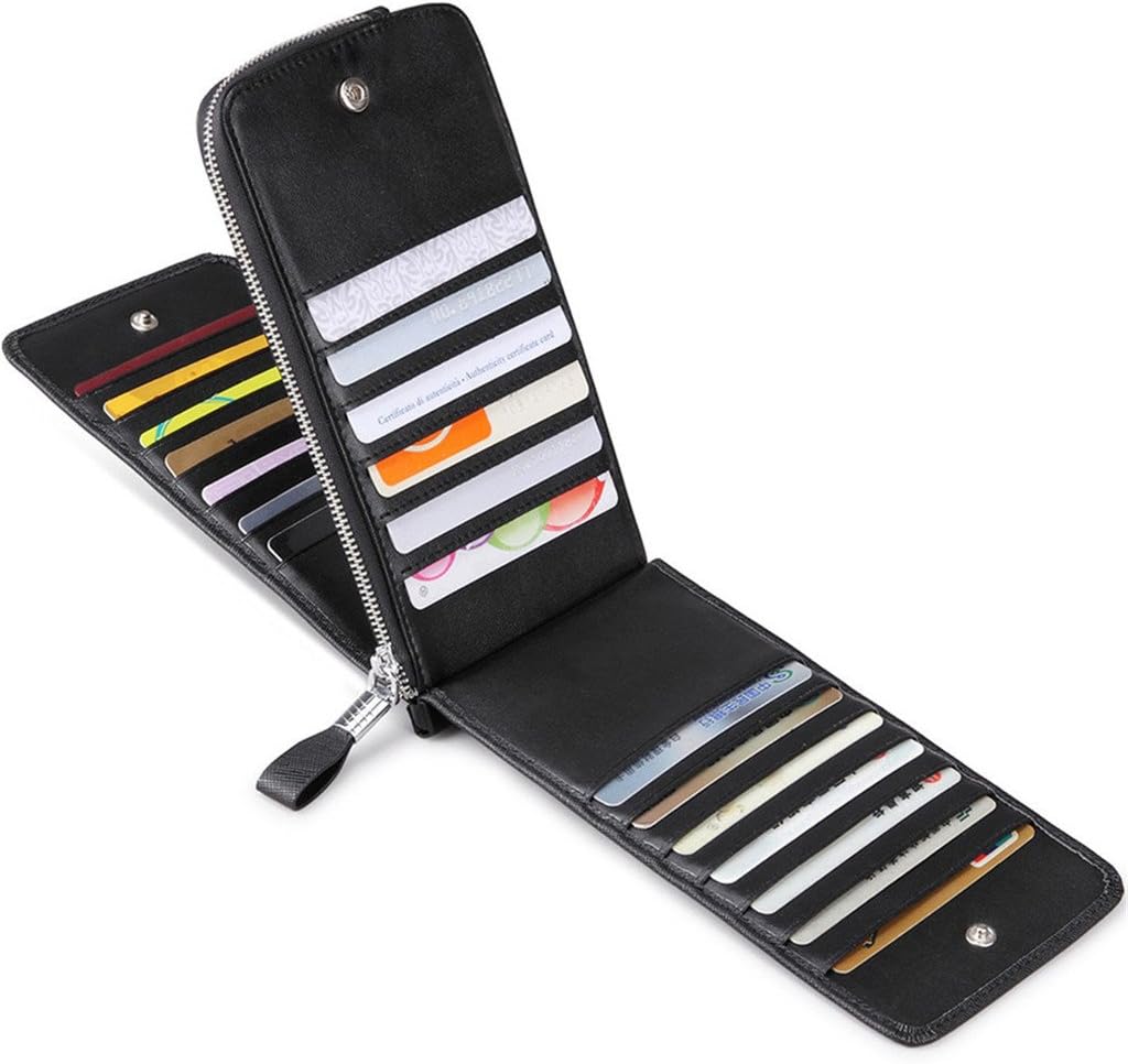 محفظة بسوستة مصنوعة من الجلد الطبيعي لحمل كروت الائتمان مع تقنية RFID  - محفظة رجالية ونسائية عالية الجودة من الجلد، محفظة ذكية نحيفة ورفيعة، تصميم بسيط بسعة 26 بطاقة | اسود  |