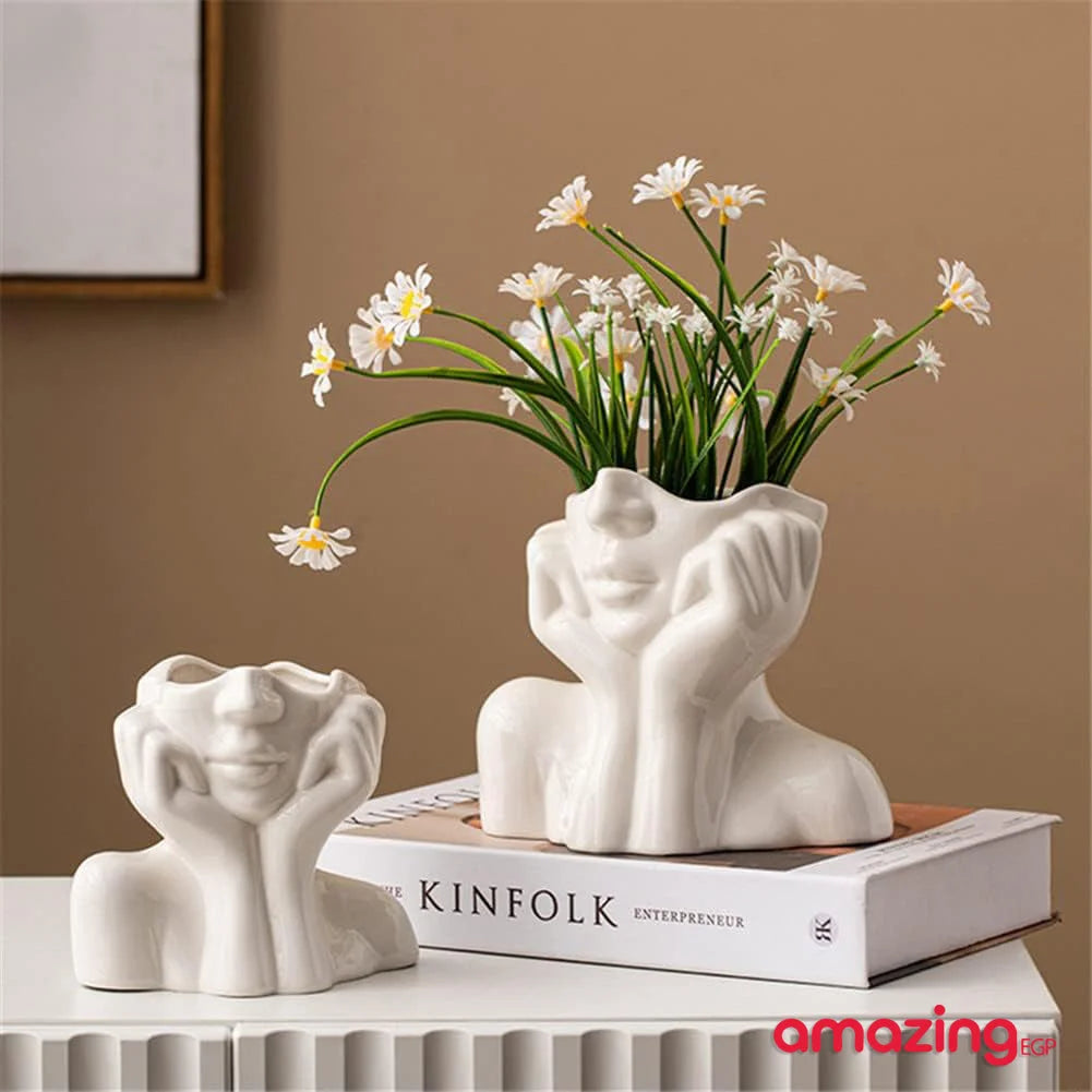 مزهرية وجه سيراميك بيضاء مزهرية نصف جسم على شكل رأس أنثى مزهرية بوهو نسوية بسيطة مزهرية زهور عصرية على الطراز الاسكندنافي للمنزل وغرفة المعيشة والمكتب وديكور رف الكتب ابيض | امراه تمثال تمثال مكتب ديكور ديكور_مكتب ديكور_منزل نصف راس | amazingEGP