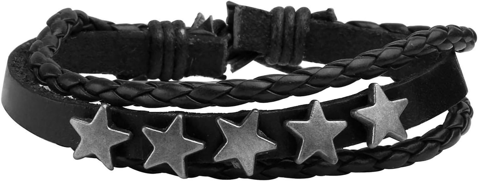 سوار للجنسين إسورة مضفرة بجلد طبيعي فاخر للرجال والنساء اساور يد محظوظ أسورة منسوجة زخرفة اليدوية نجوم - أسود MXJJ00012