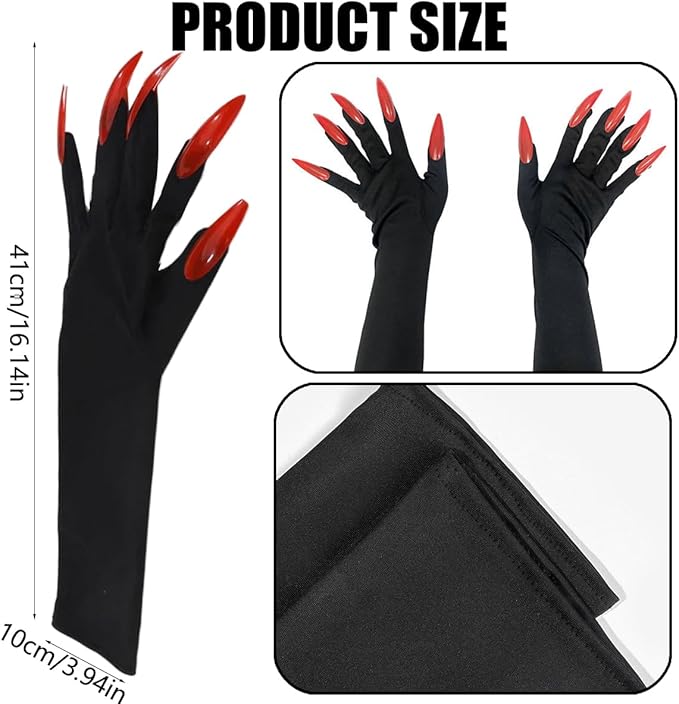 قفاز بتصميم مخلب القط الأسود، إكسسوارات زي للنساء - قفازات مخالب المرأة القطة الطويلة بالأظافر الحمراء