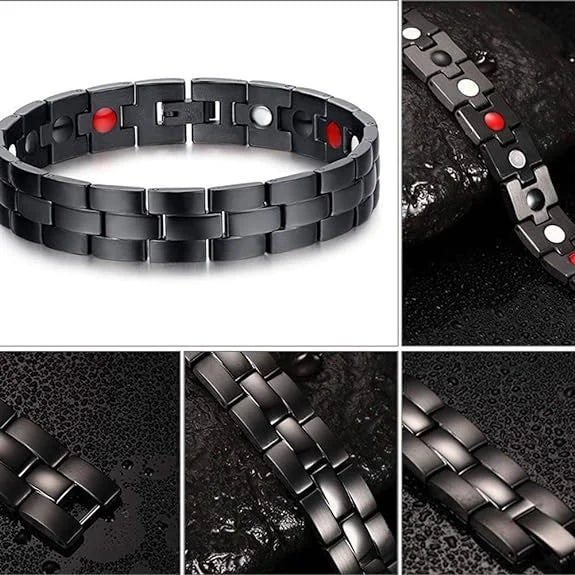 سوار أسورة مغناطيسية رجال اساور يد للرجال مع حجر الجرمانيوم النقي للتخلص من الشحنات الكهربائية السلبية في جسم وتوازن الرجال مع إطار من الفولاذ المقاوم للصدأ - اسود | اسورة اكسسوارات الرجال | amazingEGP
