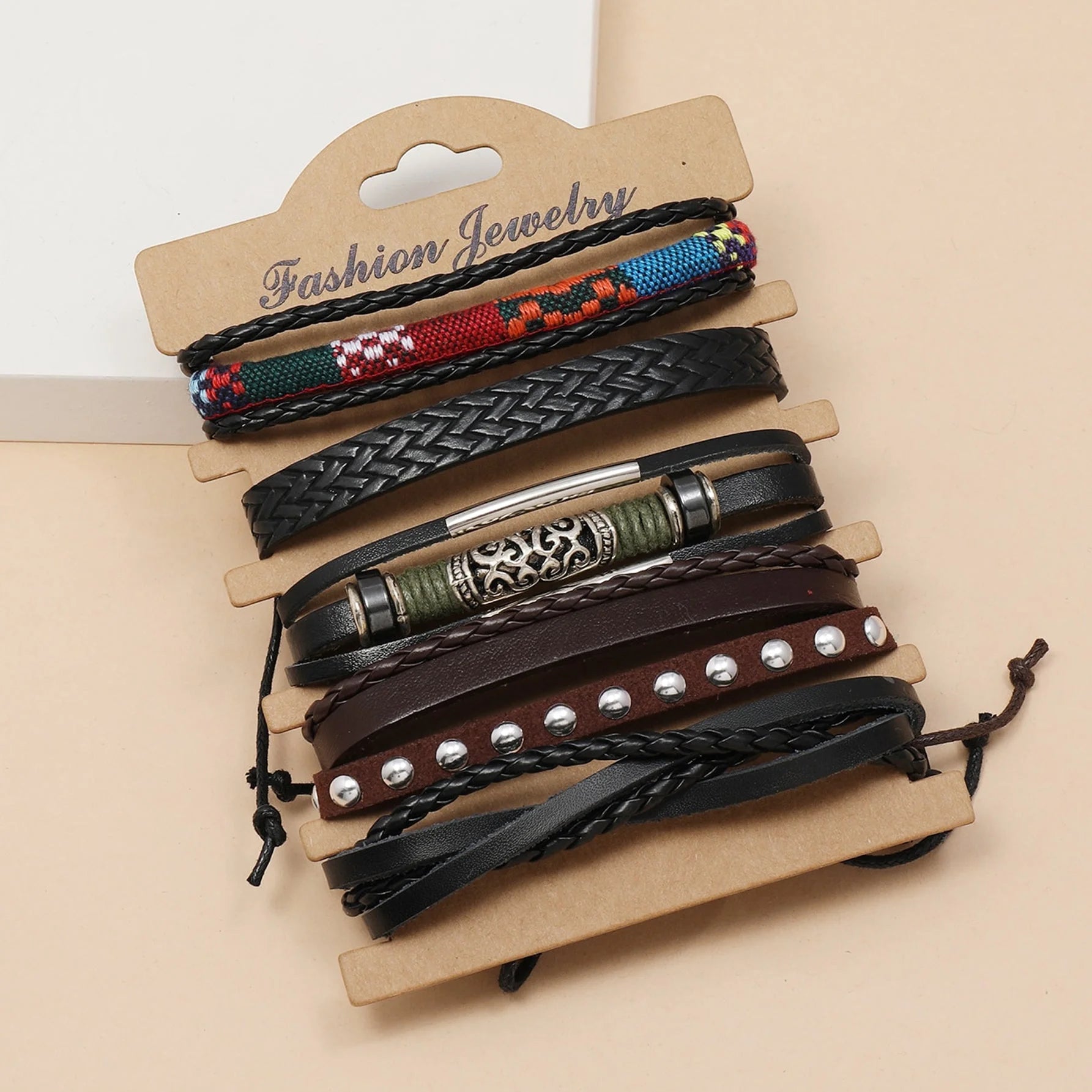 مجموعة من سوار مضفور للرجال اساور إسورة يد للرجال جلد صناعي سوار الى مجوهرات هدية أنيق نظرة - 5 قطع | اسورة اكسسوارات الرجال | amazingEGP