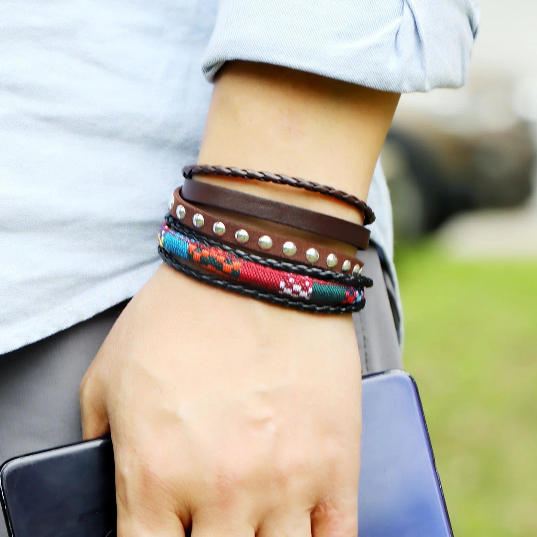 مجموعة من سوار مضفور للرجال اساور إسورة يد للرجال جلد صناعي سوار الى مجوهرات هدية أنيق نظرة - 5 قطع | اسورة اكسسوارات الرجال | amazingEGP