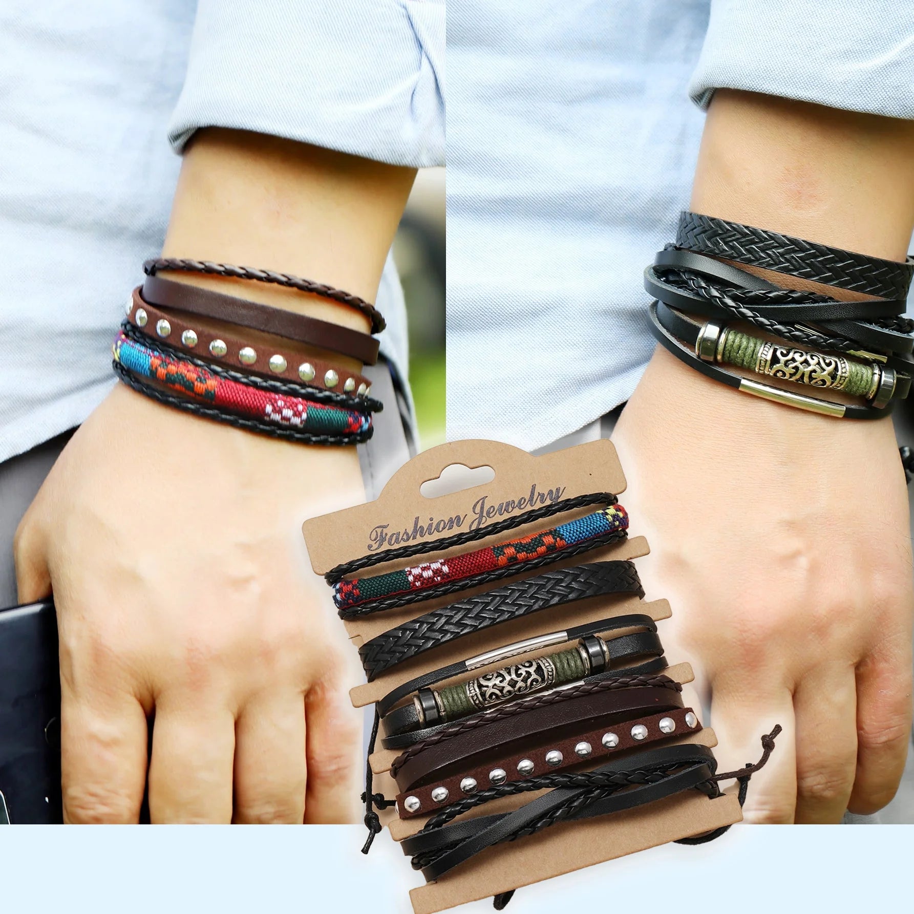 مجموعة من سوار مضفور للرجال اساور إسورة يد للرجال جلد صناعي سوار الى مجوهرات هدية أنيق نظرة - 5 قطع | اسورة اكسسوارات الرجال | amazingEGP