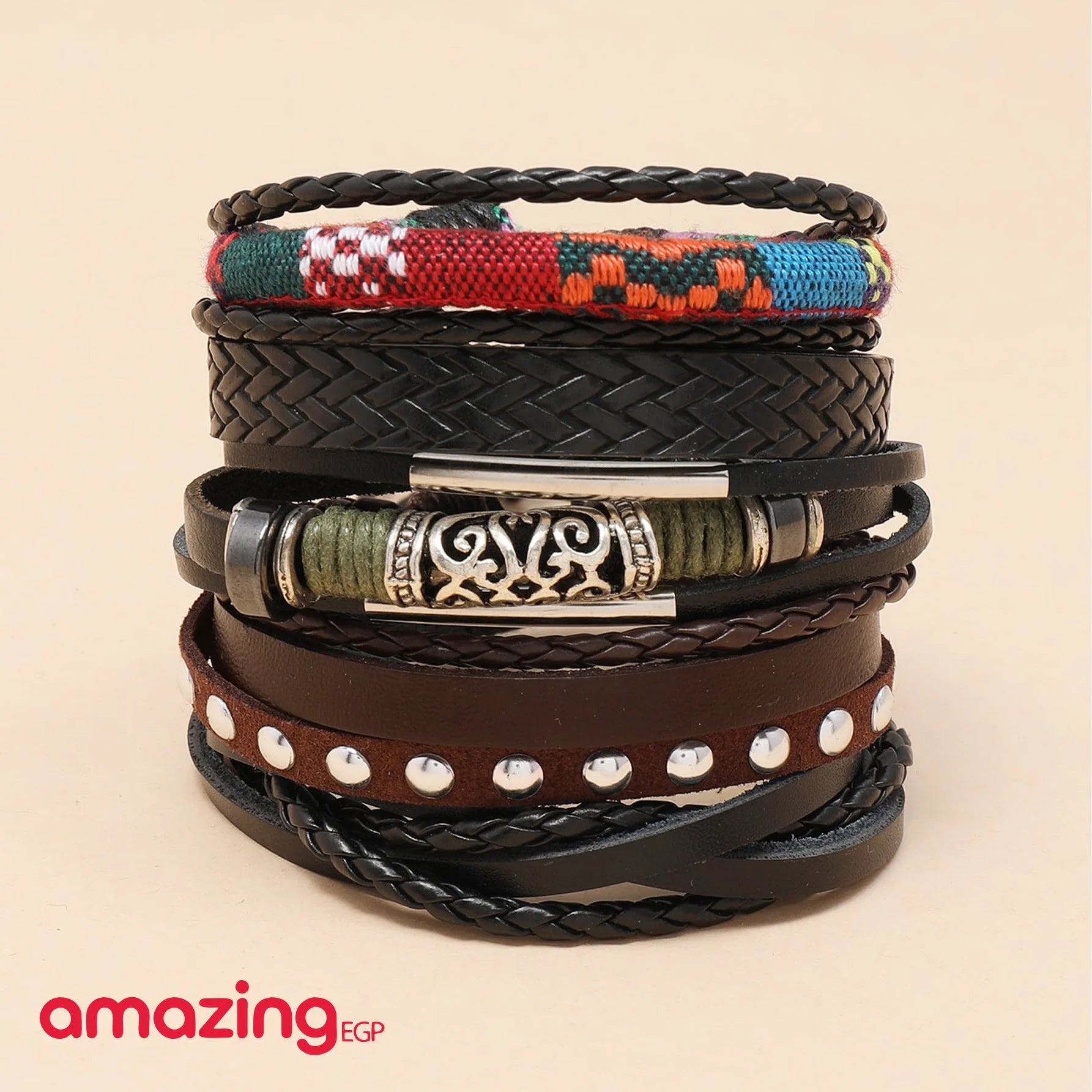 مجموعة من سوار مضفور للرجال اساور إسورة يد للرجال جلد صناعي سوار الى مجوهرات هدية أنيق نظرة - 5 قطع | اسورة اكسسوارات الرجال | amazingEGP