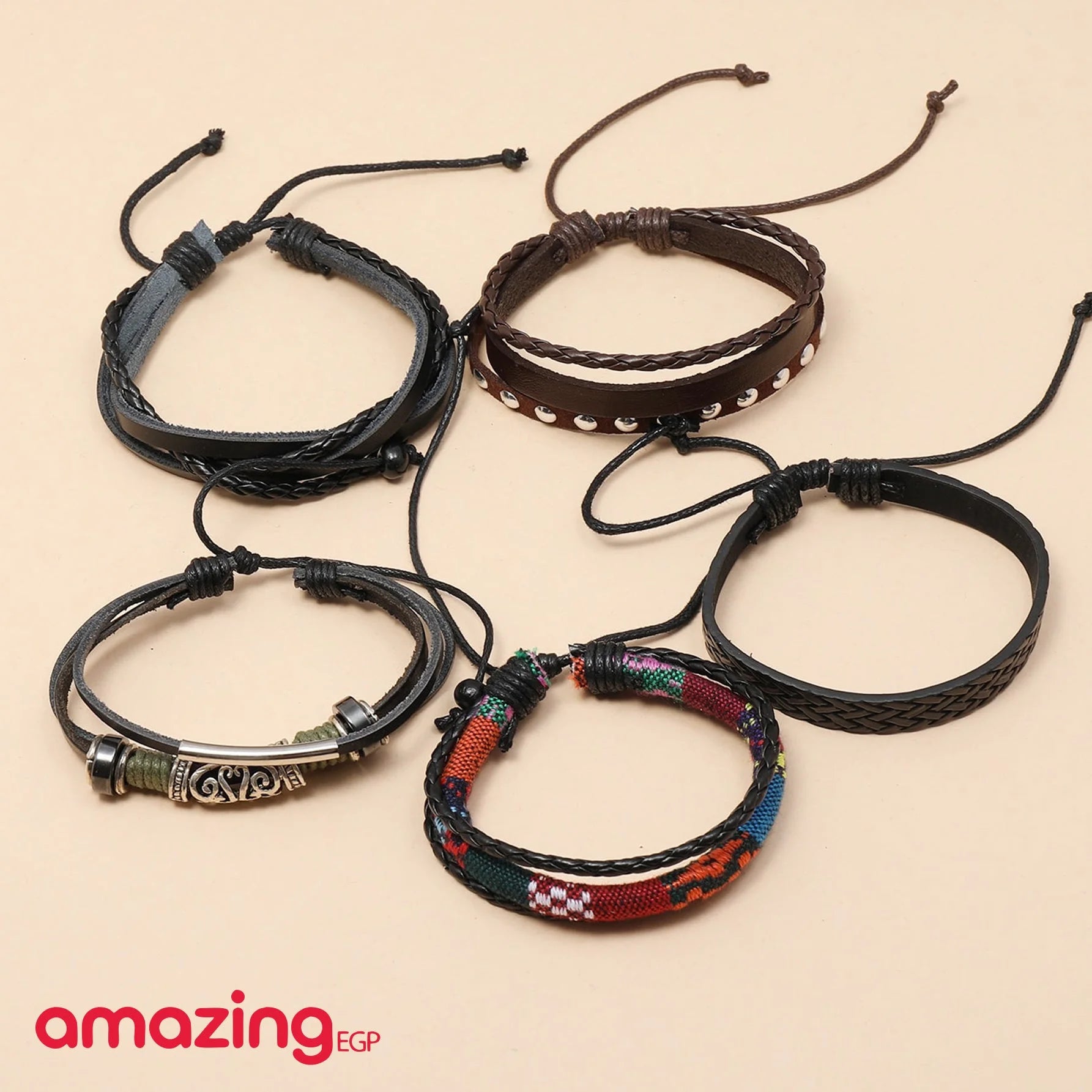 مجموعة من سوار مضفور للرجال اساور إسورة يد للرجال جلد صناعي سوار الى مجوهرات هدية أنيق نظرة - 5 قطع | اسورة اكسسوارات الرجال | amazingEGP